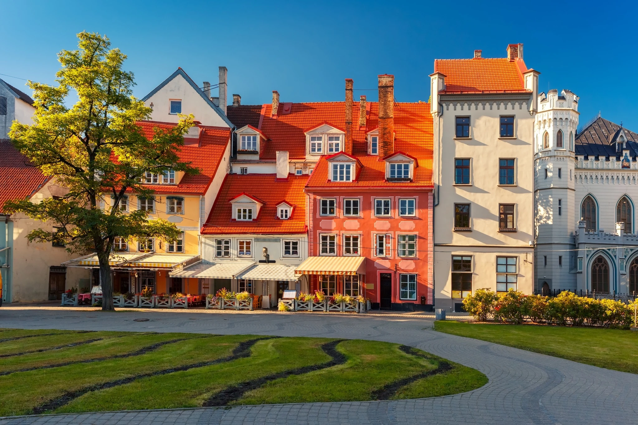 Colourful houses in the city square in Old Town of Riga, Latvia