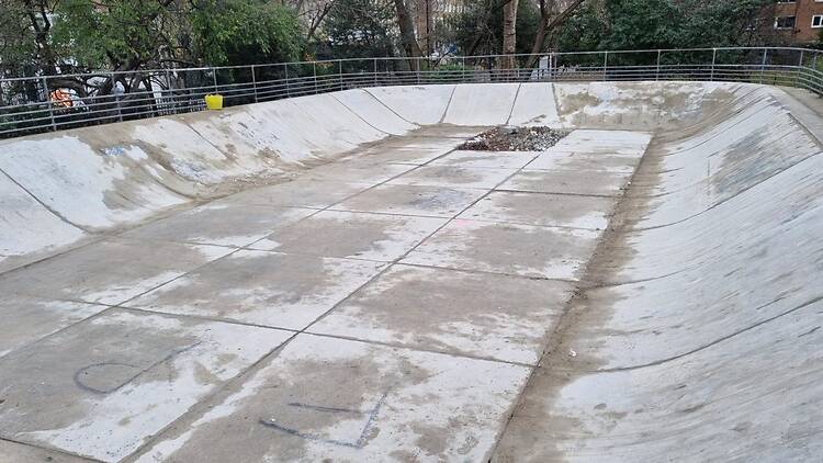 Kennington Park Skatebowl in its current run-down state with holes in the concrete