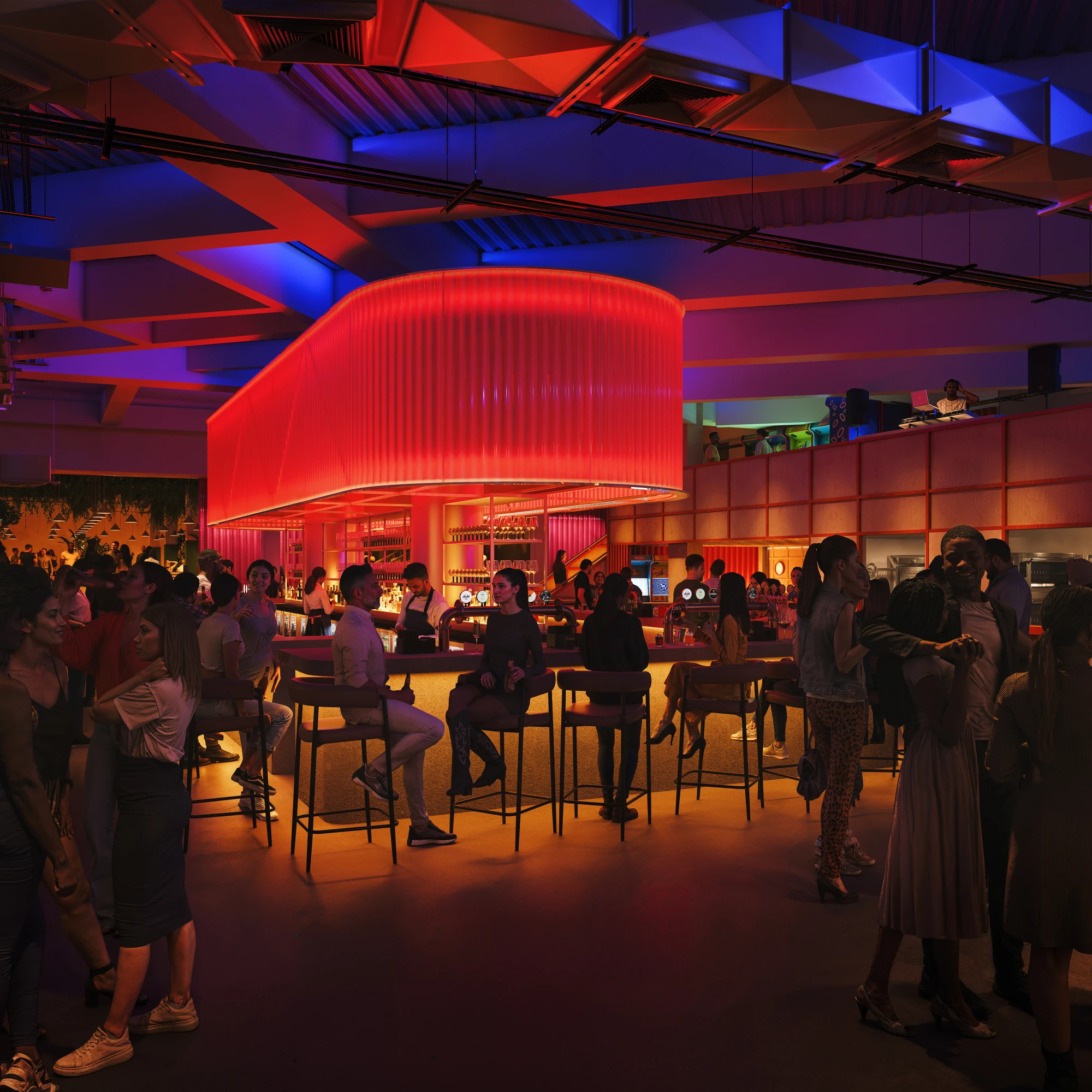 Swanky bar with red light-up backing and people drinking