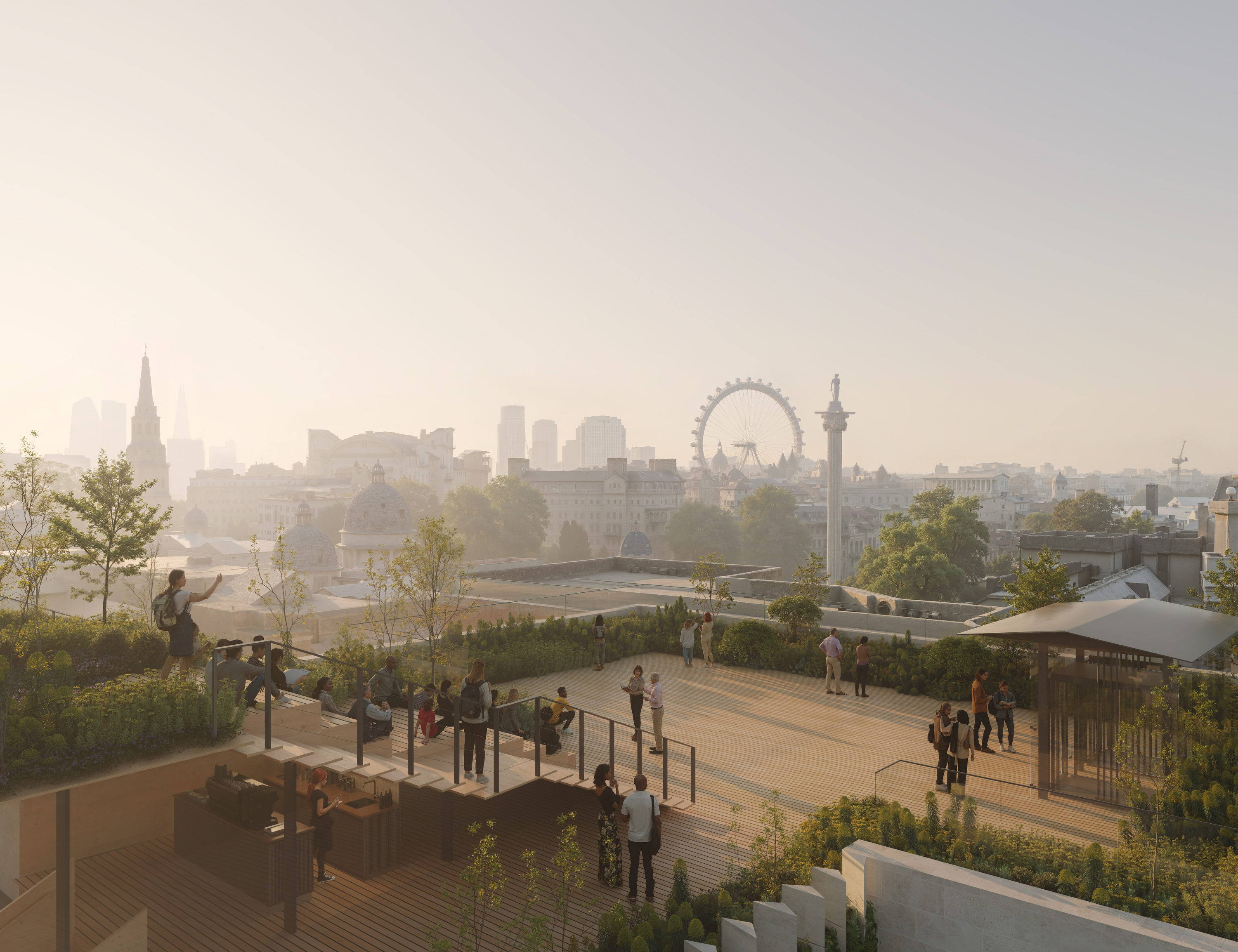 Render of new National Gallery roof terrace with view of London Eye