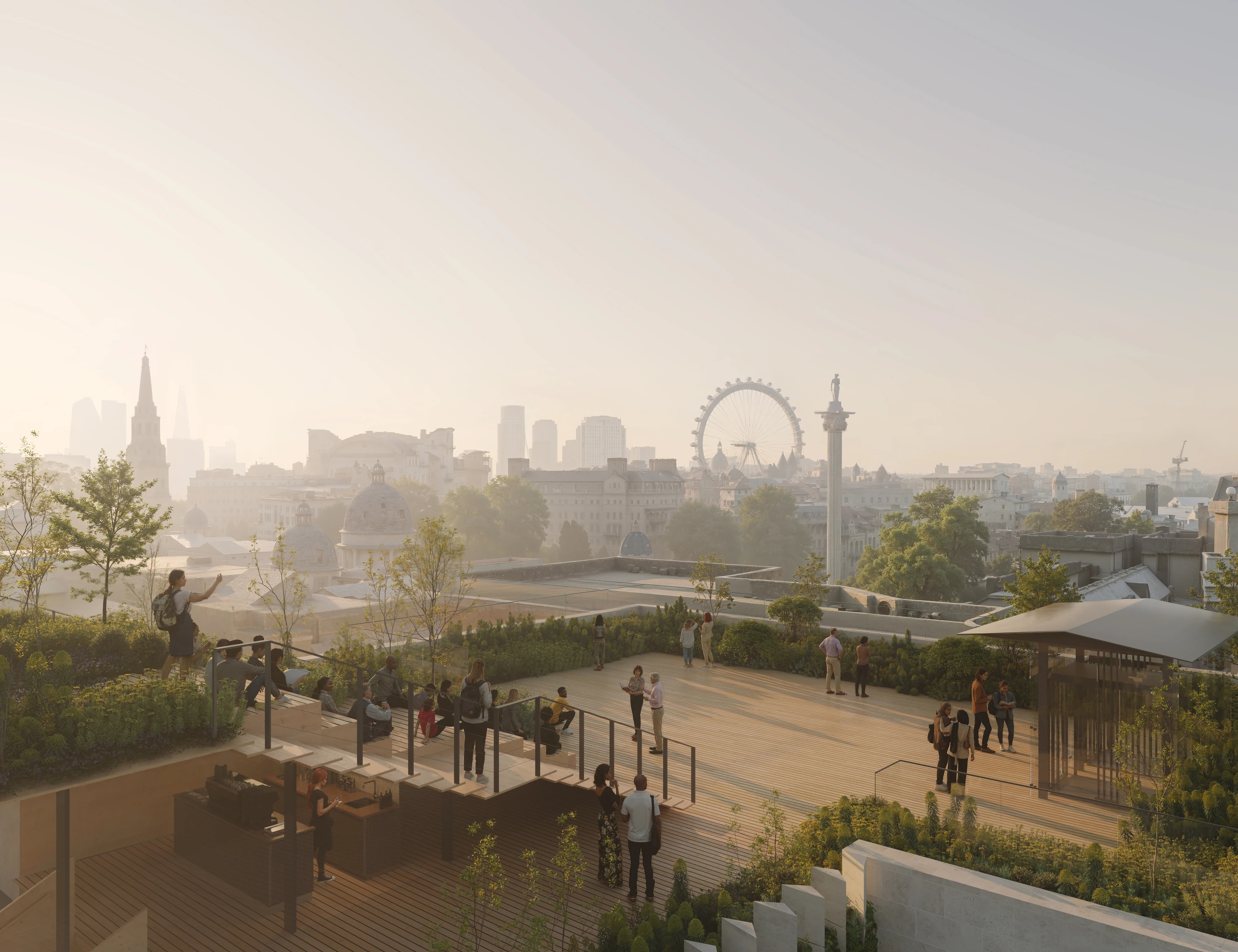 Render of new National Gallery roof terrace with view of London Eye