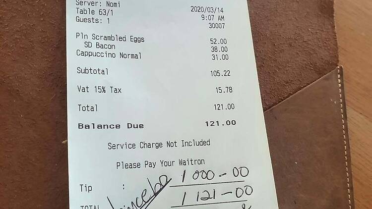 R1000 tip from Yolanda Cuba at Tashas restaurant