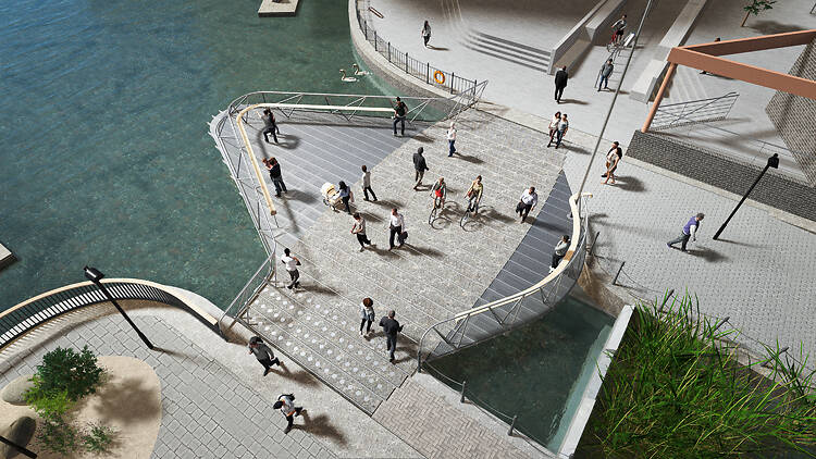 Rendering of the new Albion Bridge in Canada Water from above Rendering of the new Albion Bridge in Canada Water from above