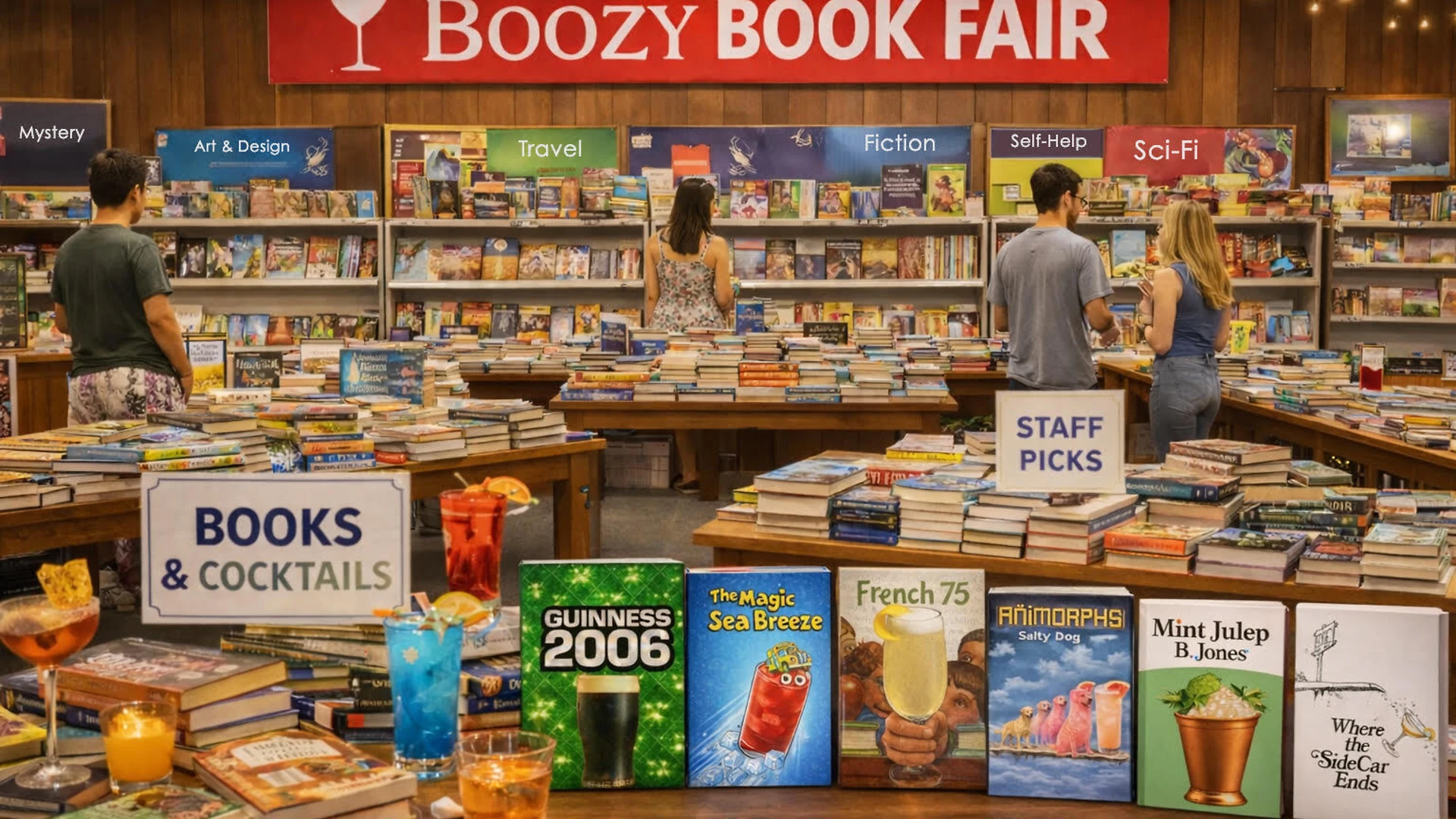 A weird photo of a bookstore with a sign for booze