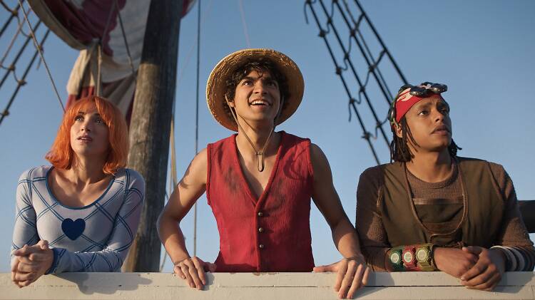 (L to R) Emily Rudd as Nami, Iñaki Godoy as Monkey D. Luffy, Jacob Romero as Usopp in season 2 of One Piece.