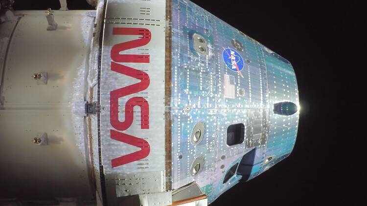 Orion of the Artemis II mission Orion snapped this high-resolution selfie in space with a camera mounted on one of its solar array wings during a routine external inspection of the spacecraft on the second day into the Artemis II mission.