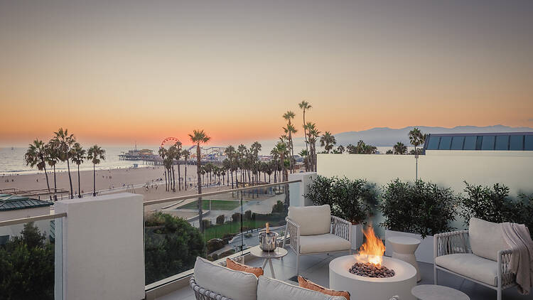 A patio with ocean view at Regent Santa Monica Beach Hotel.