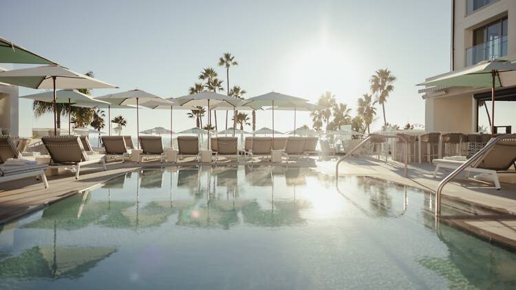 The pool at Regent Santa Monica Beach overlooking the ocean.