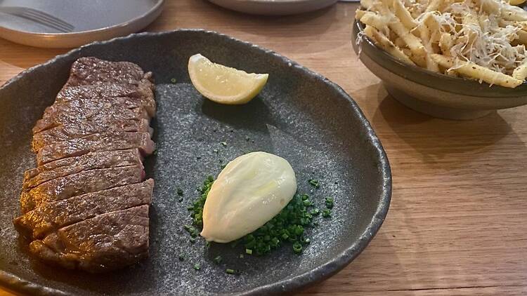 Angus beef striploin with horseradish cream at Jules restaurant Lane Cove