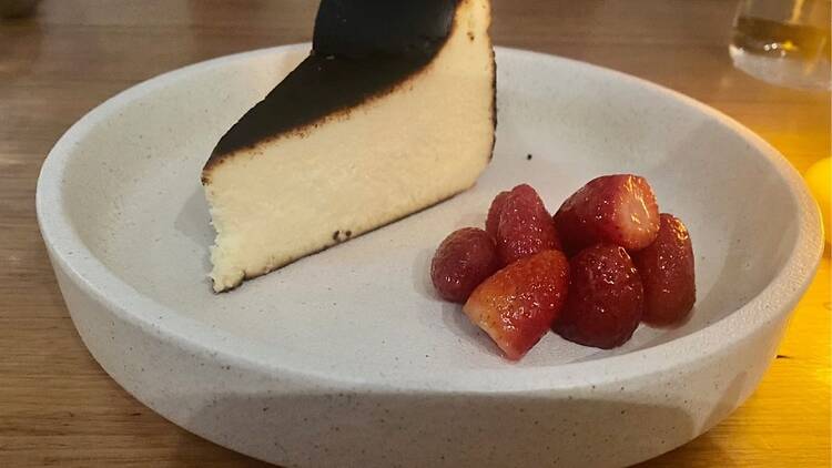 Basque cheesecake with strawberries at Jules restaurant
