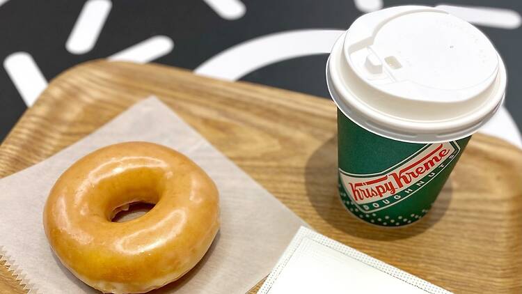 Krispy Kreme doughnut and coffee