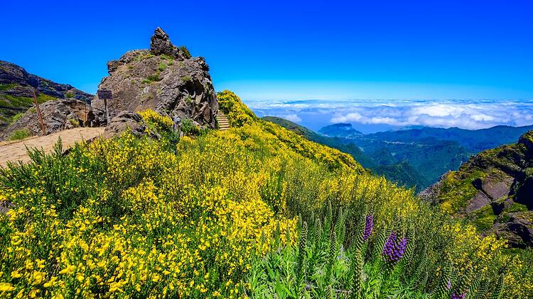 Beautiful hiking trail from Pico do Arieiro to Pico Ruivo, Madeira island. Footpath PR1 - Vereda do Areeiro