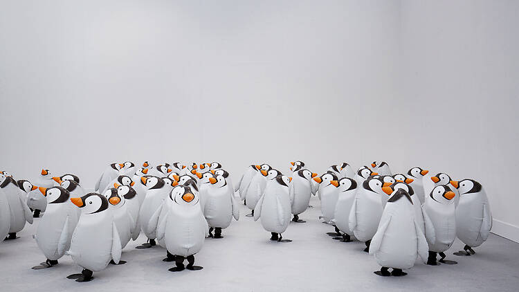 Inflatable penguins in a room.