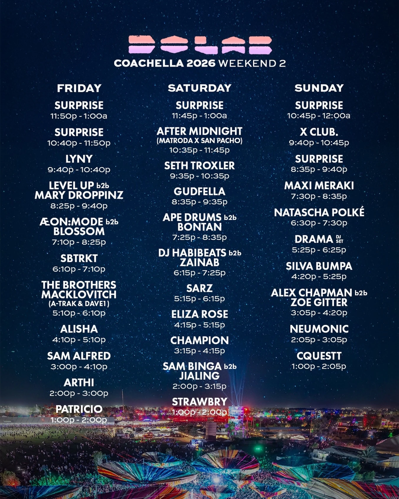 Coachella 2026 weekend two schedule Do LaB