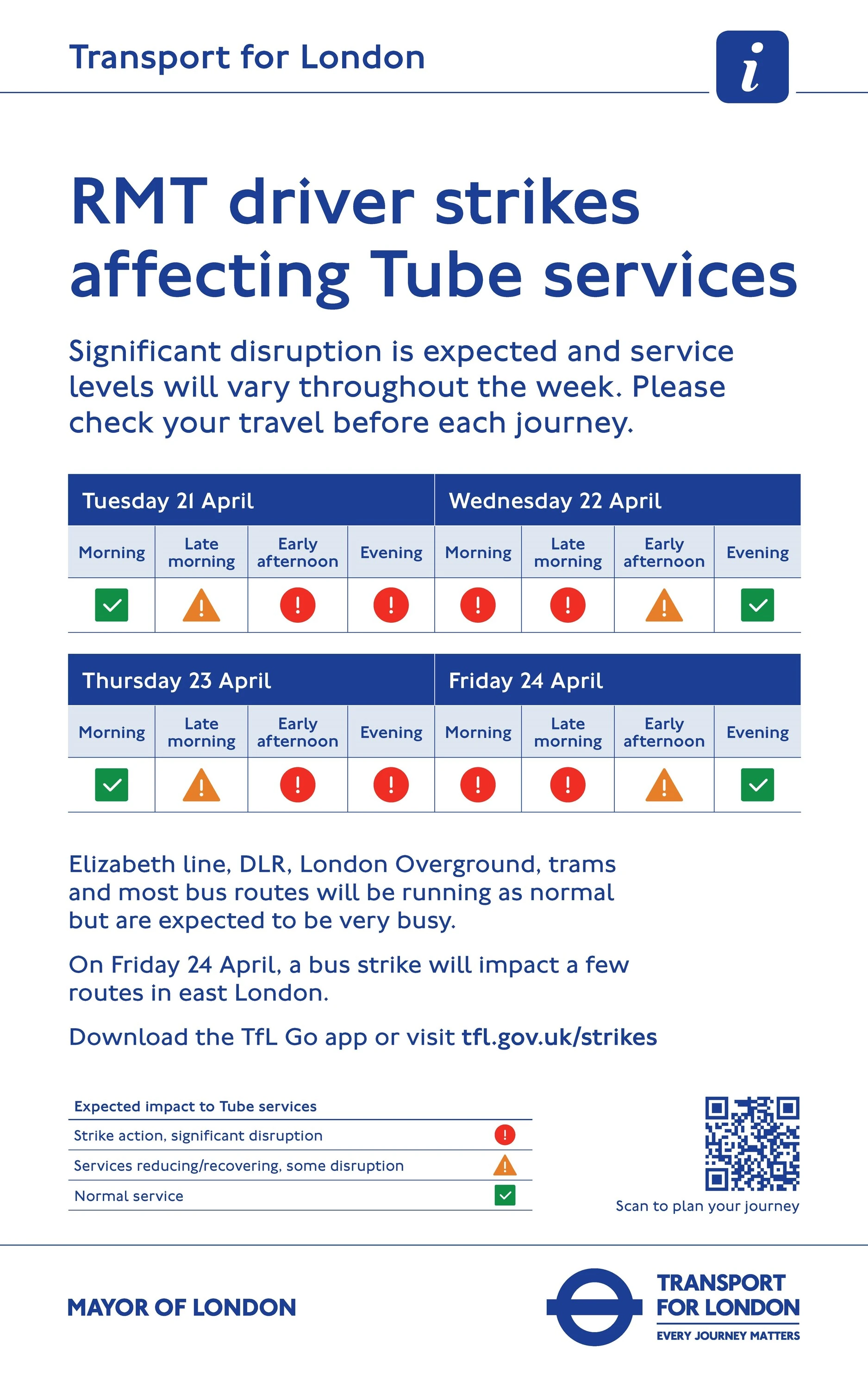 TfL information for Tube strikes April 2026
