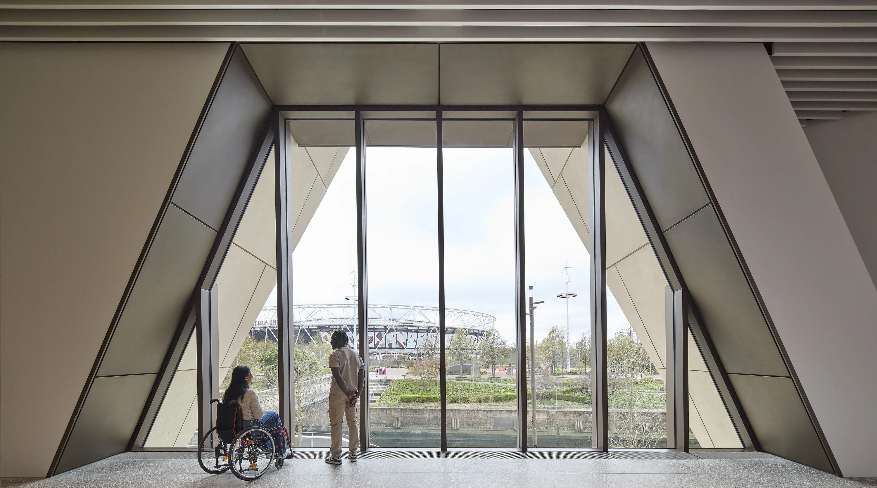 Large triangular window view a view of West Ham&rsquo;s London Stadium in Stratford