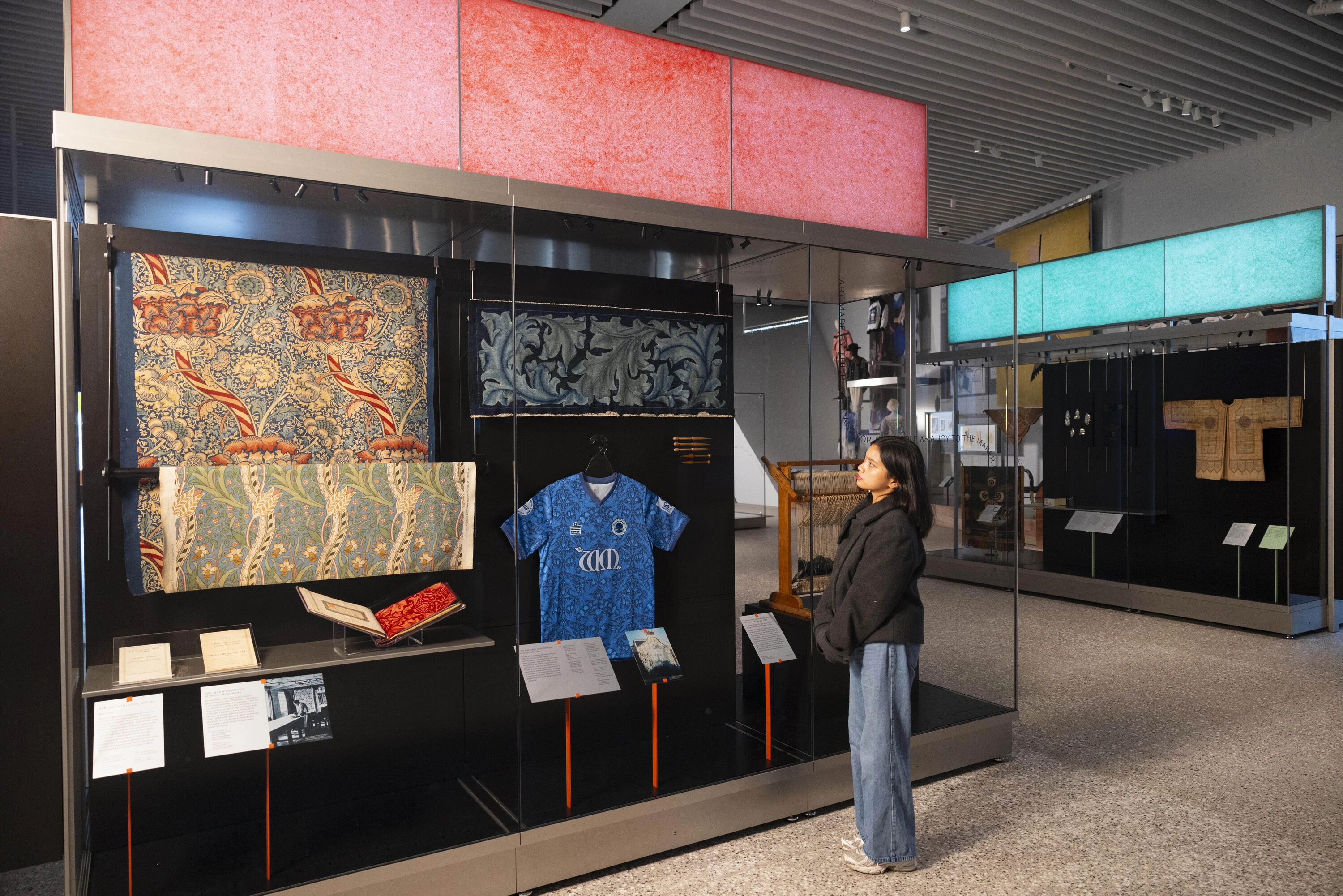 William Morris prints alongside Walthamstow FC William Morris football shirt in the V&A 