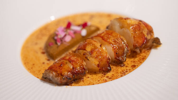 Hummerin pyrstö valkoisella lautasella oranssissa chipotle kastikkeessa 