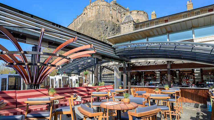 Tables and booths at Cold Town House in Edinburgh below Edinburgh Castle