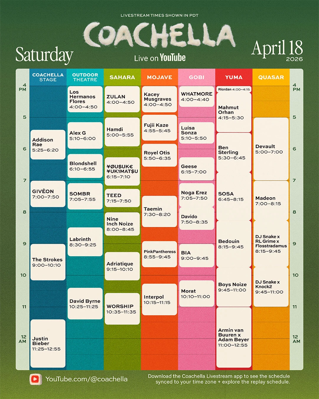 Coachella live stream schedule weekend two Saturday