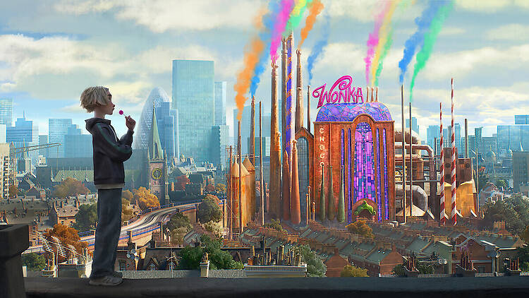 A teaser screenshot from Netlix's Charlie vs. The Chocolate Factory shows Charlie looking out over London at the factory