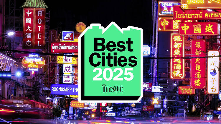 Bangkok at night with a superimposed logo reading Best Cities 2025 Time Out