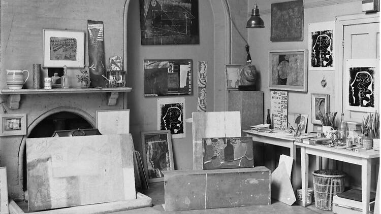 Black and white photograph of Barbara Hepworth's studio