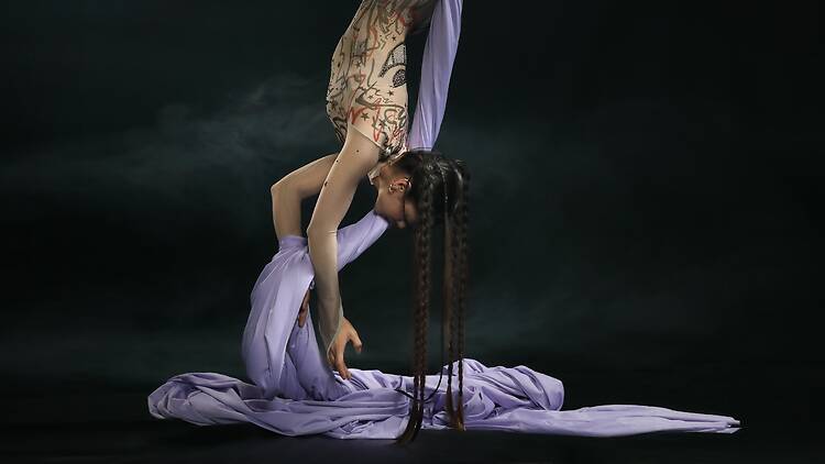Woman with long braids suspended upside down during an aerial performance 