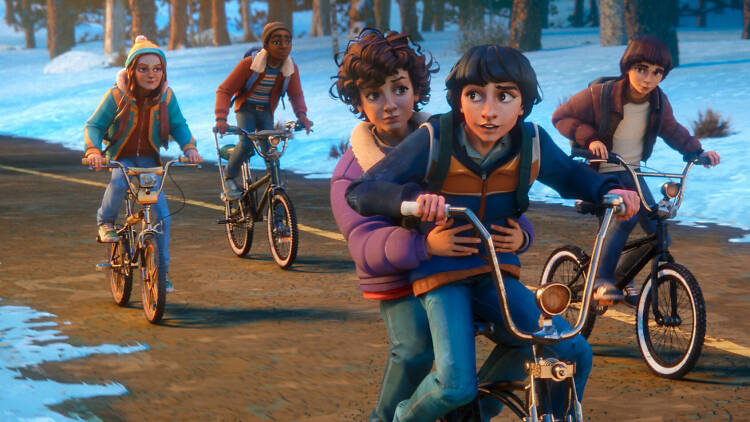 Stranger Things: Tales from '85 screenshot of the kids on their bikes