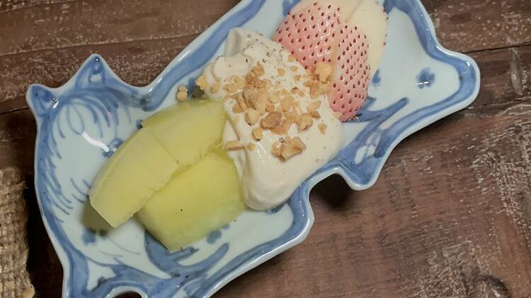 A plate with Japanese strawberries and tofu creme