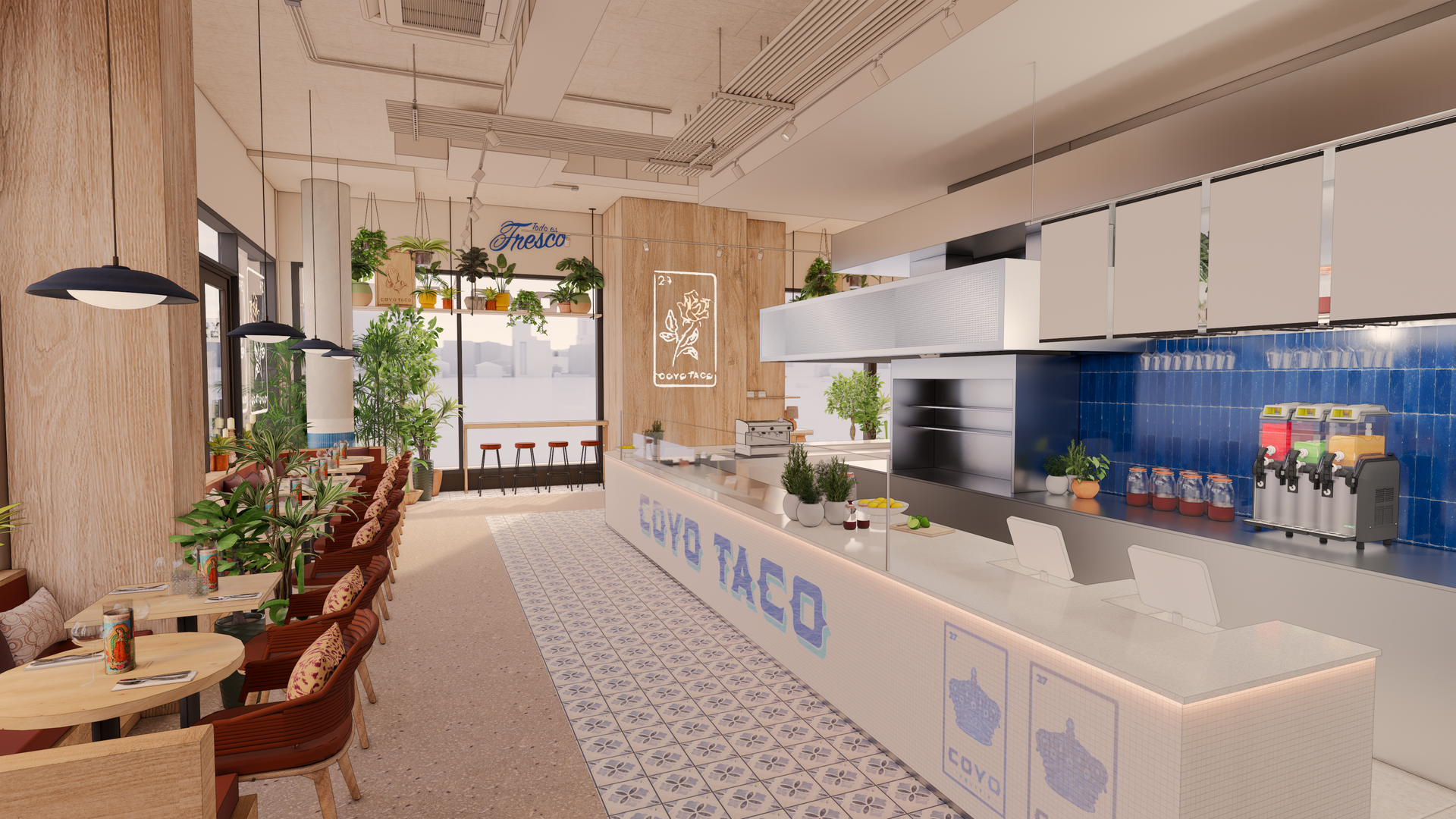 Render of serving counter at Coyo Taco London
