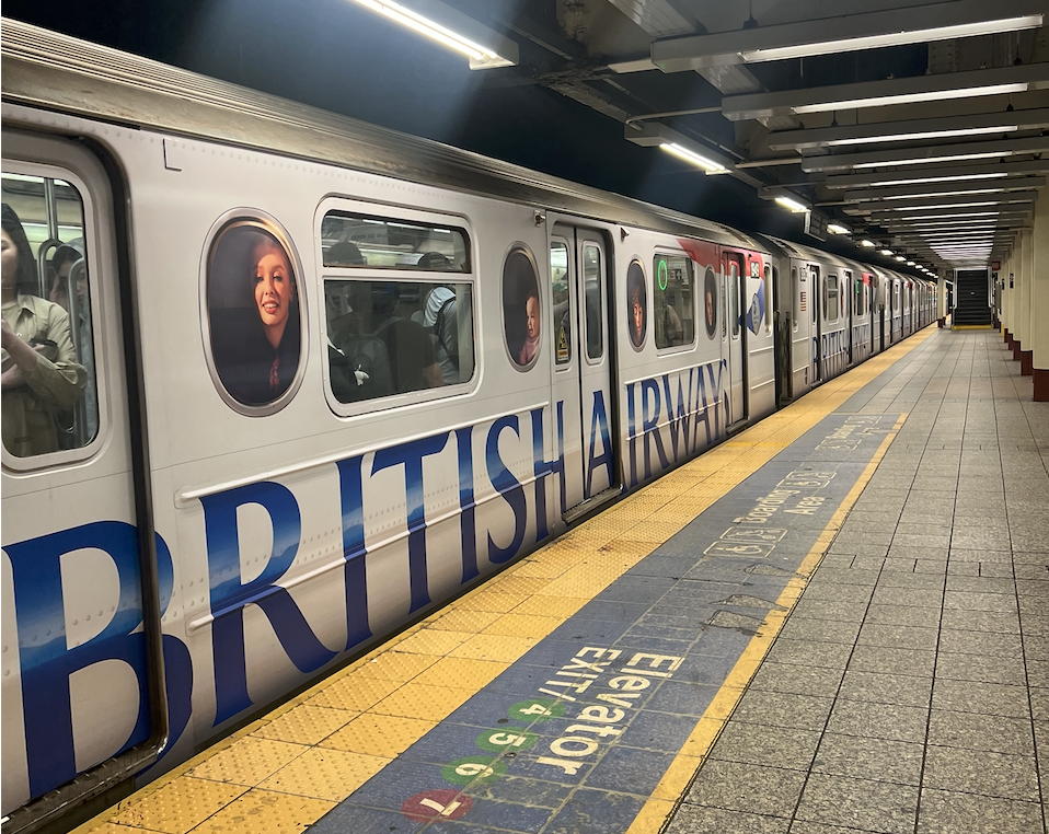 The Grand Central-Times Square S shuttle has been fully transformed into a British Airways plane