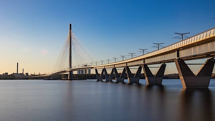 Kruunuvuorensilta bridge at sunset, the longest bridge in Finland, Helsinki