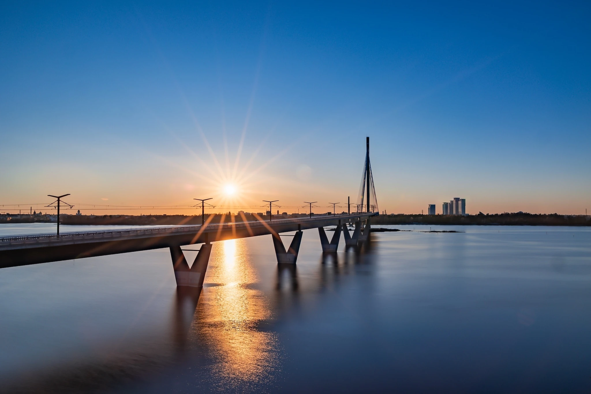 Kruunuvuorensilta bridge at sunset, the longest bridge in Finland, Helsinki