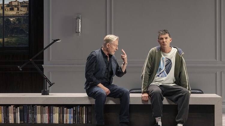 Richard Roxburgh and Toby Schmitz on stage in 'Art'.
