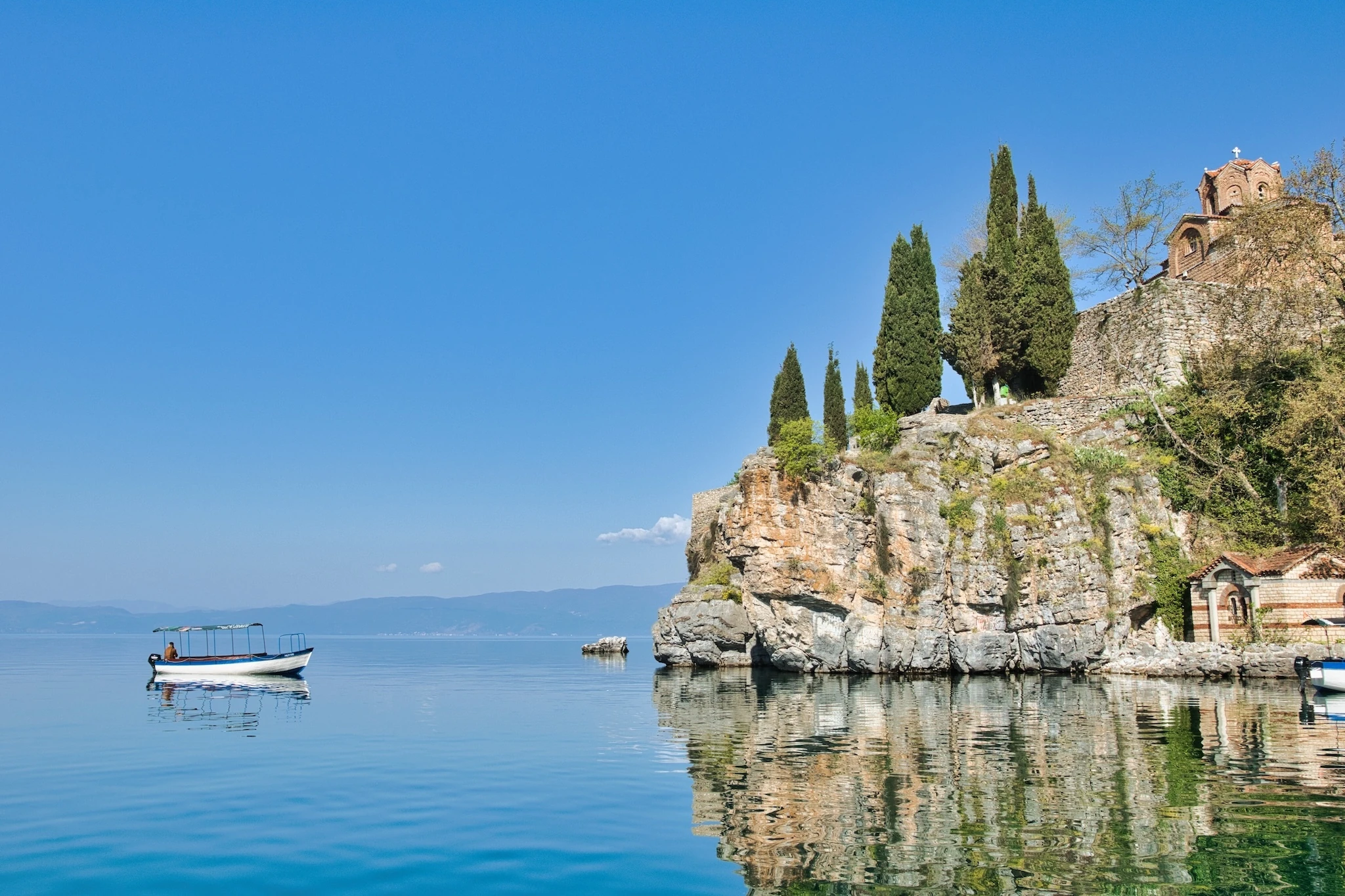 Mountain range and peninsula in distance. Ohrid Lake, Macedonia, Europe. 