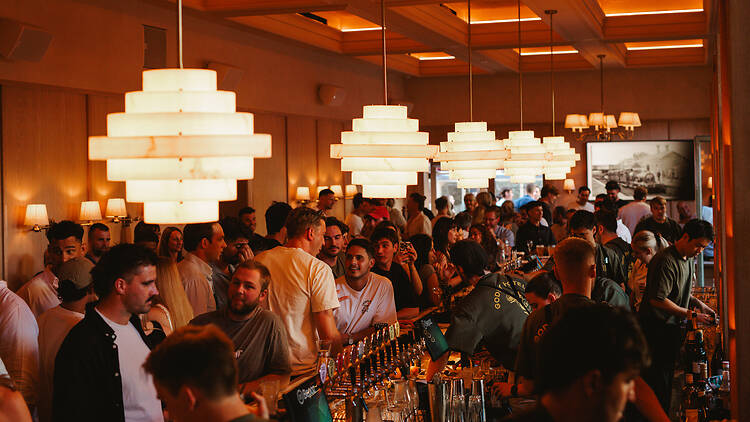 A crowded bar at the Godby Hotel.