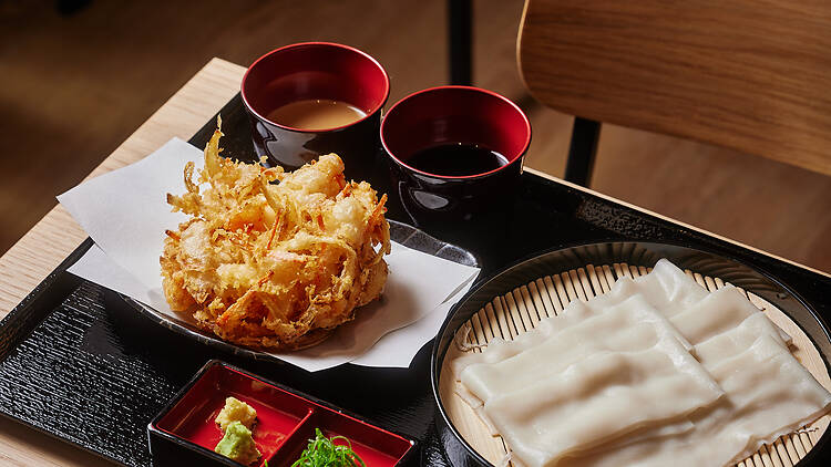 A tray of food at Yamamoto Udon.