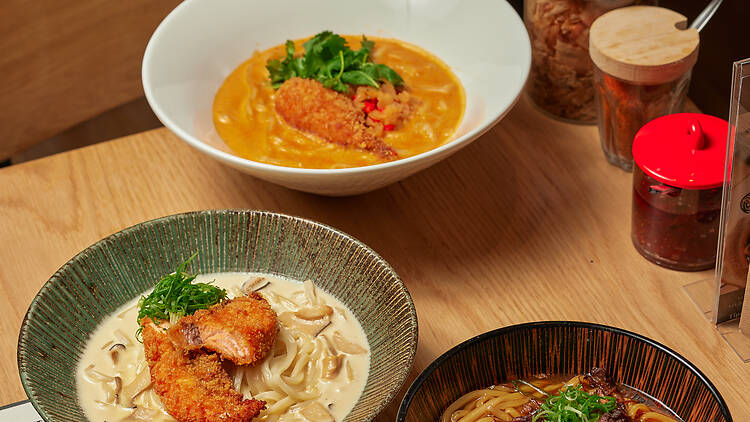 Bowls of noodles at Yamamoto Udon.