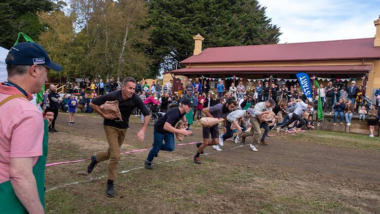men running with bags of potatoes for a race in Spudfest