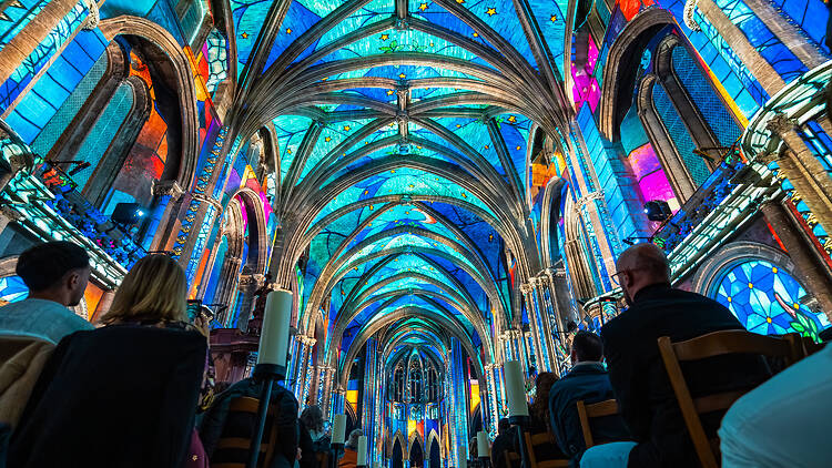 Light show on ceiling of cathedral in France