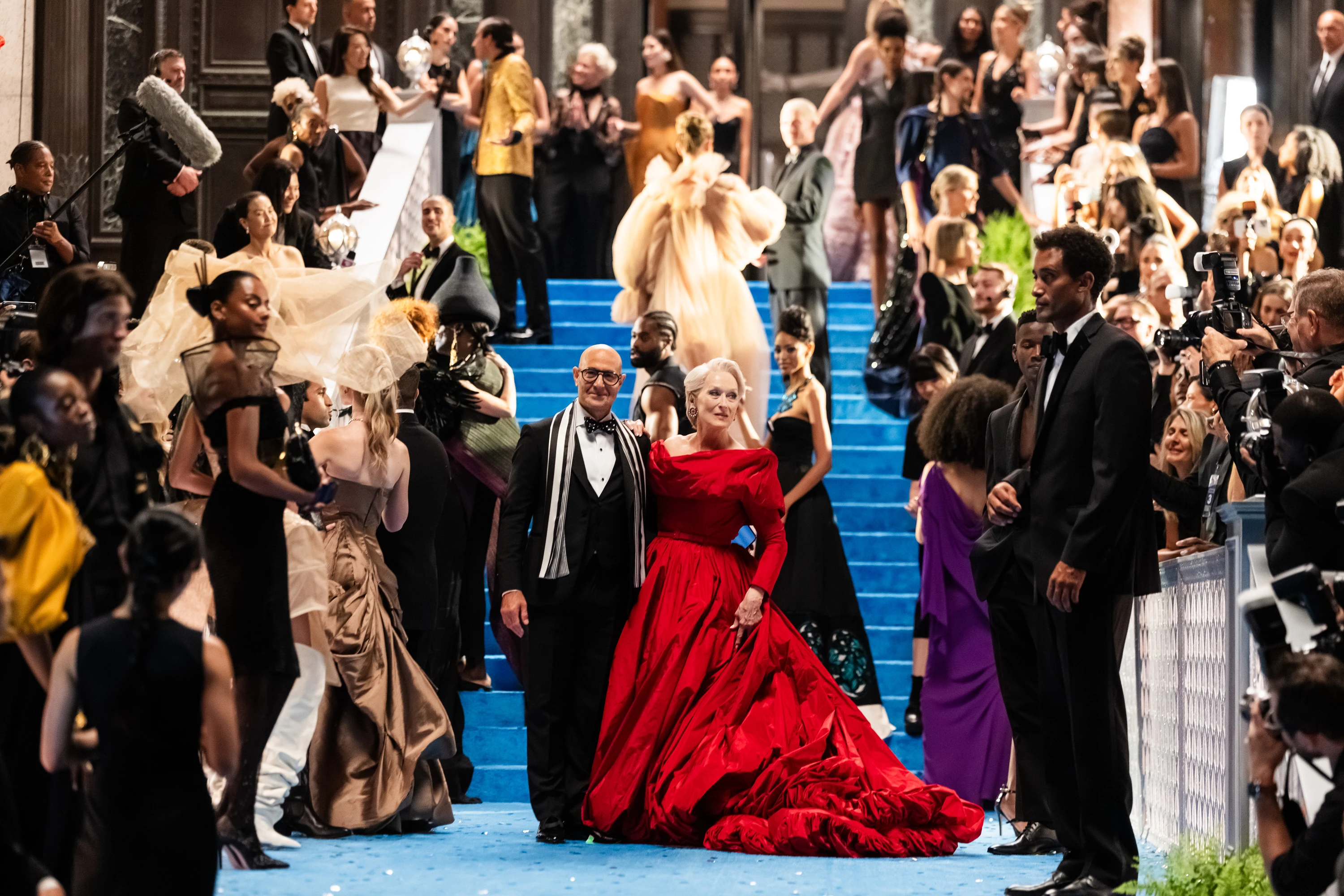Stanley Tucci (L) and Meryl Streep are seen filming 'The Devil Wears Prada 2' at the Museum of Natural History on August 01, 2025 in New York City