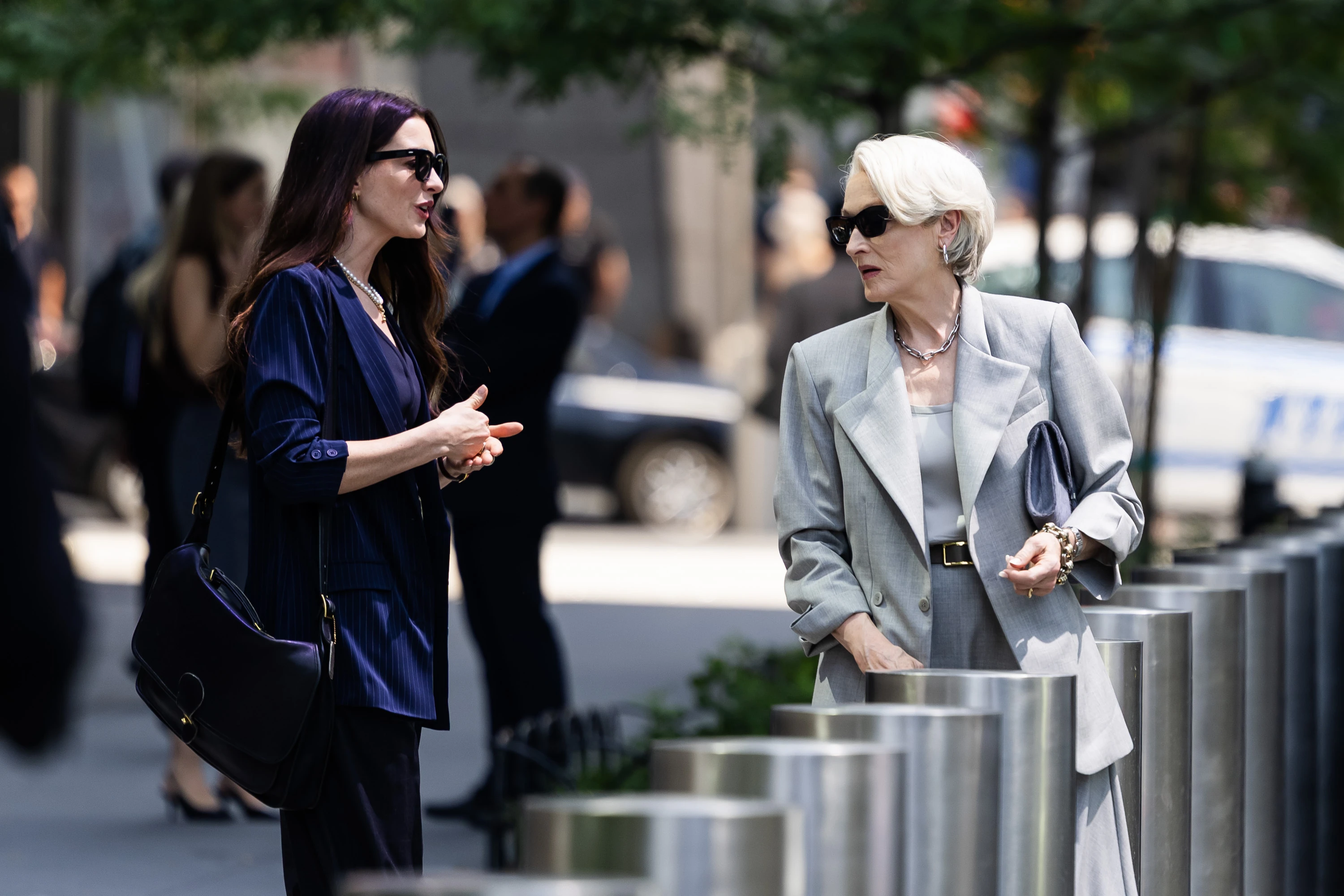 Anne Hathaway (L) and Meryl Streep are seen filming "The Devil Wears Prada 2" in Hudson Yards on July 29, 2025 in New York City
