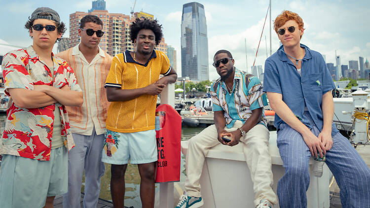 A still from 72 Hours with Kevin Hart, Marcello Hernández, Mason Gooding, Kam Patterson, Ben Marshall, Kevin Dunn, Zach Cherry, with Teyana Taylor and Andy Garcia