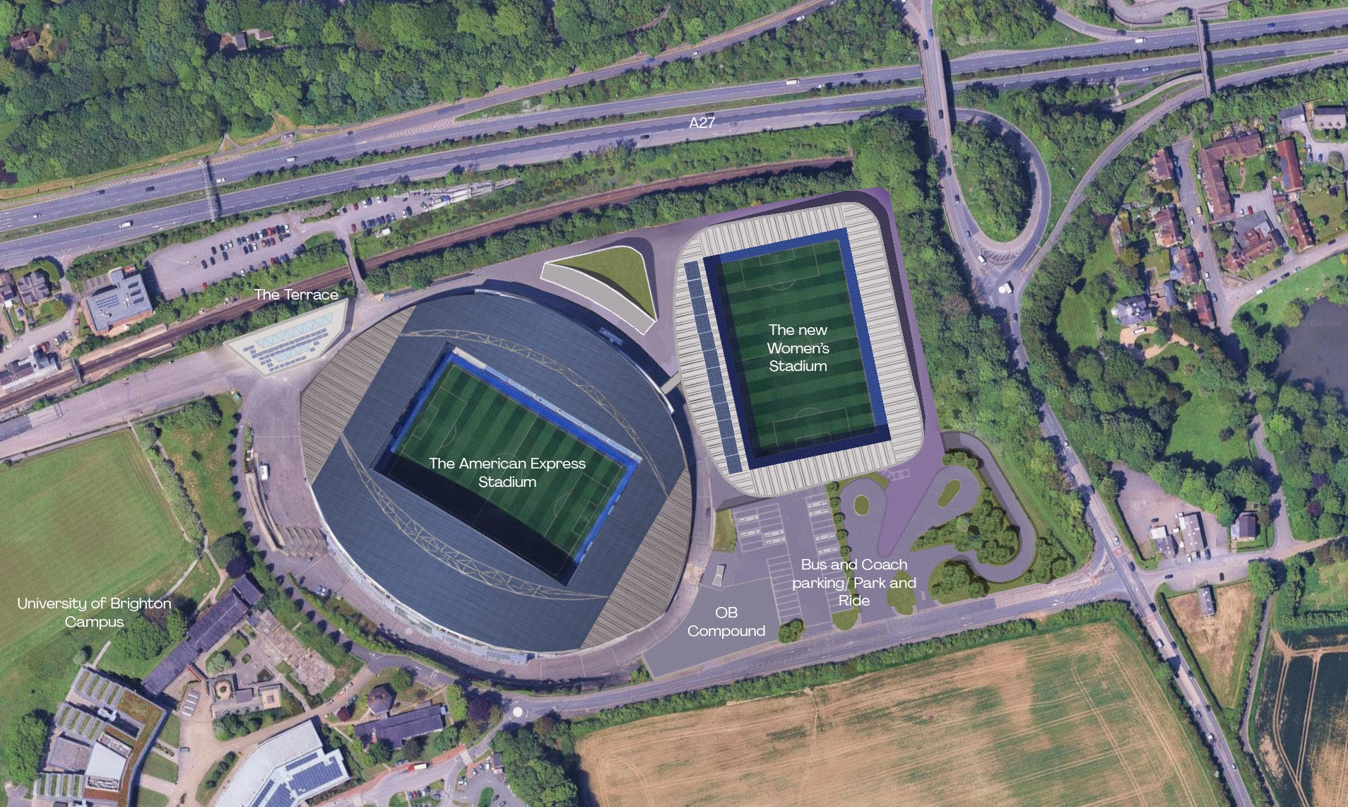 Birds eye render of new women's Brighton & Hove football stadium