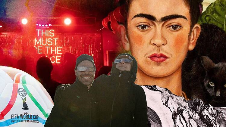 A collage of images including Frida Kahlo’s self portrait, people wearing solar eclipse glasses, a football