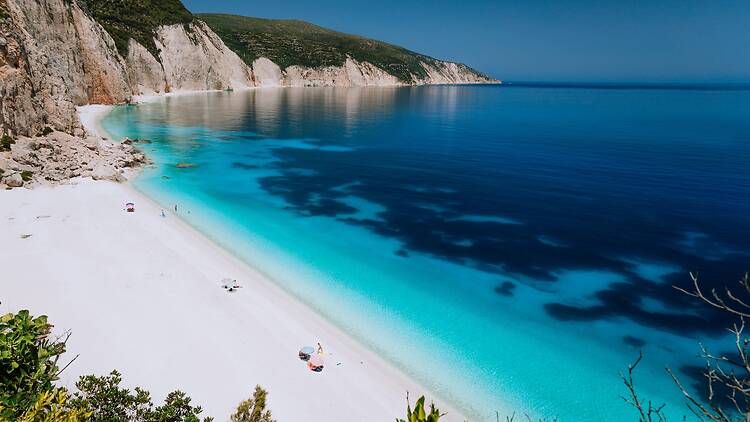 Fteri beach lagoon with rocky coastline, Kefalonia, Greece
