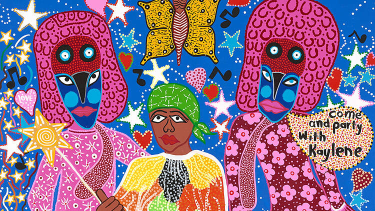 A colourful painting of a woman holding a star wand 