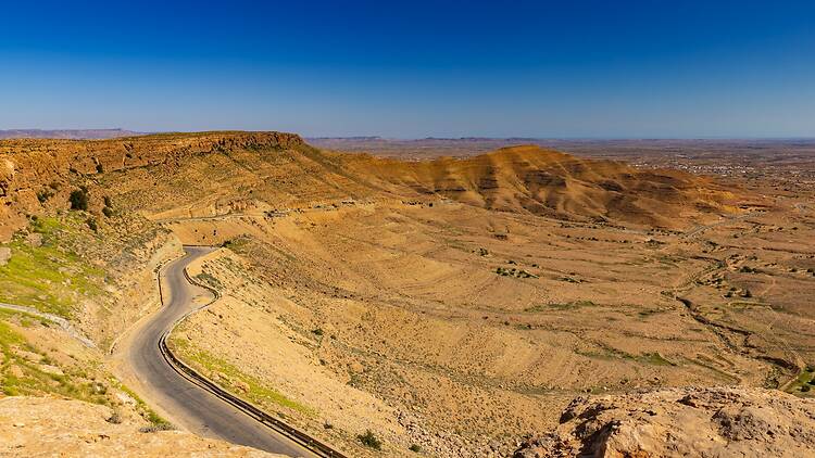 View of the rocky Dahar Mountains in exotic Tunisia and the desert landscape around