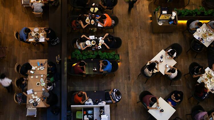 A birds'-eye-view of diners in a restaurant